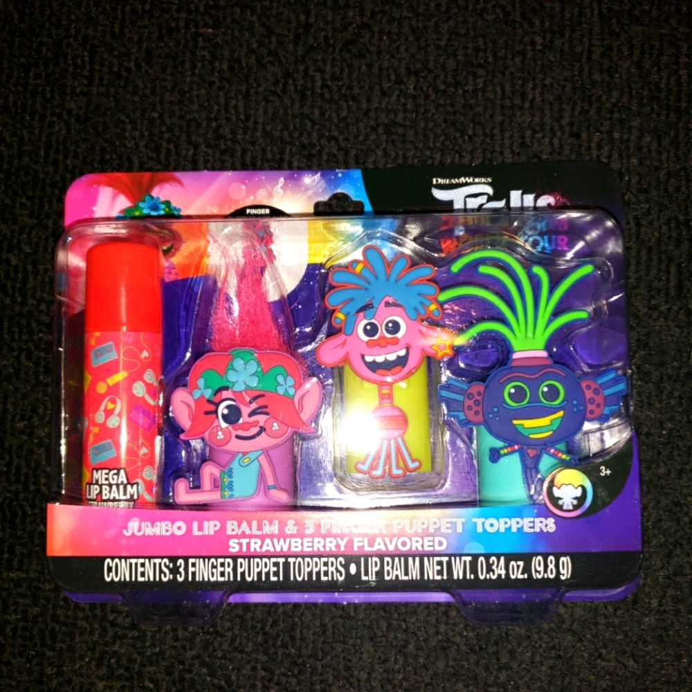 BNIB Trolls jumbo lip balm & 3 finger puppet toppers